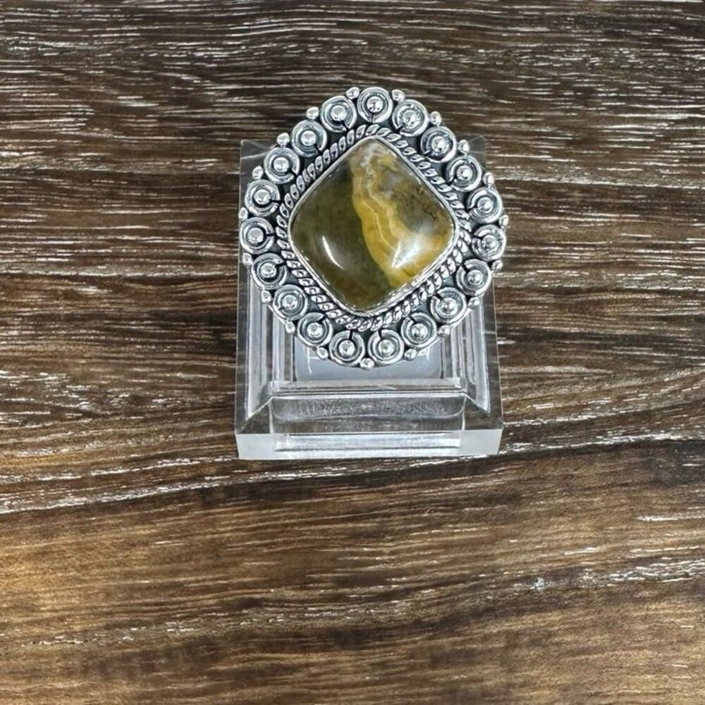 Vintage 925 Sterling Silver Bumblebee Jasper Rope & Beaded Edged Ring Sz 7